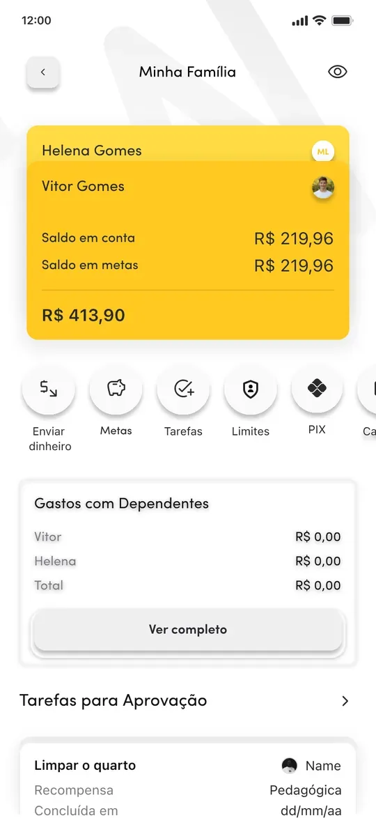 Tela Minha Família no app Powpay: saldos, mesada, tarefas e metas