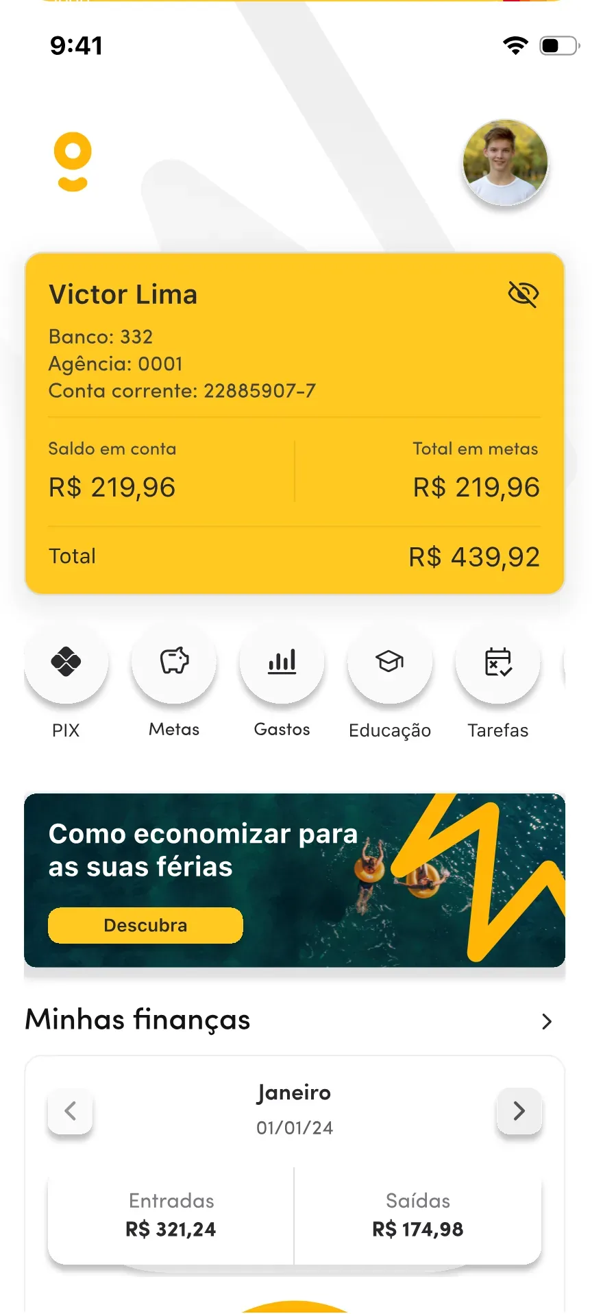 Tela do dependente no app Powpay: saldo, metas, tarefas e Pix